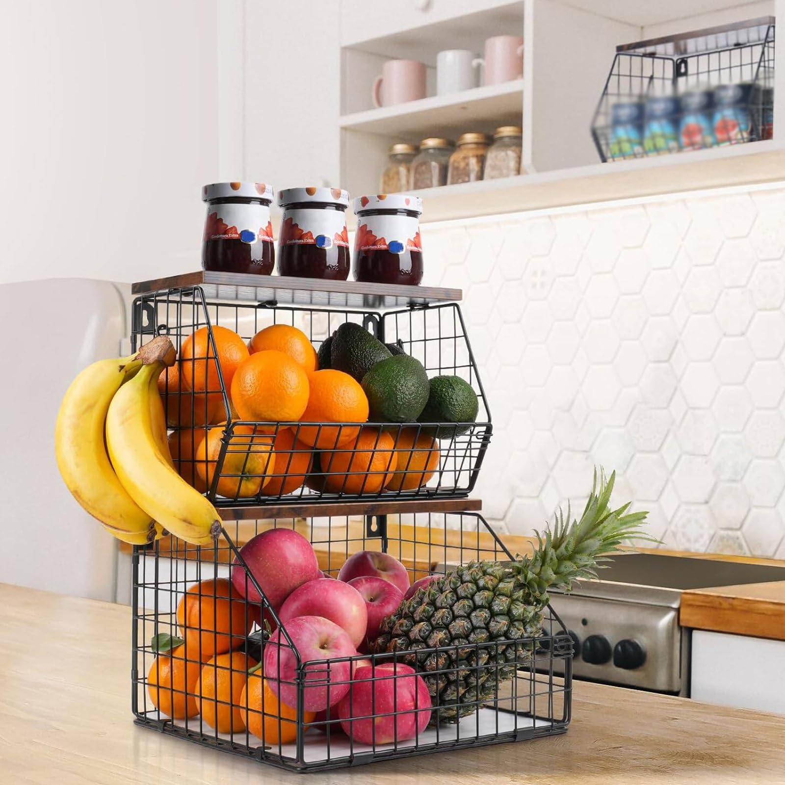 Cesta metálica de 2 niveles para frutas y estantes de cocina