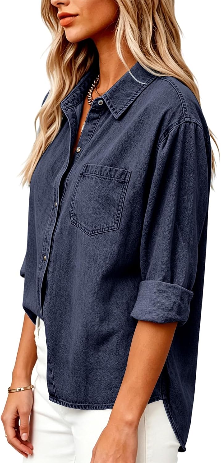 Womens Denim Shirt Long Sleeve Collared Single Pocket Tops