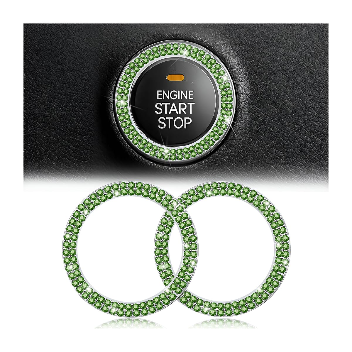 Car Bling Crystal Rhinestone Engine Start Ring Decals, 2 Pack Car Push Start Button Cover/Sticker, Key Ignition Knob Bling Ring, Sparkling Car Interior Accessories(Double Light Green)