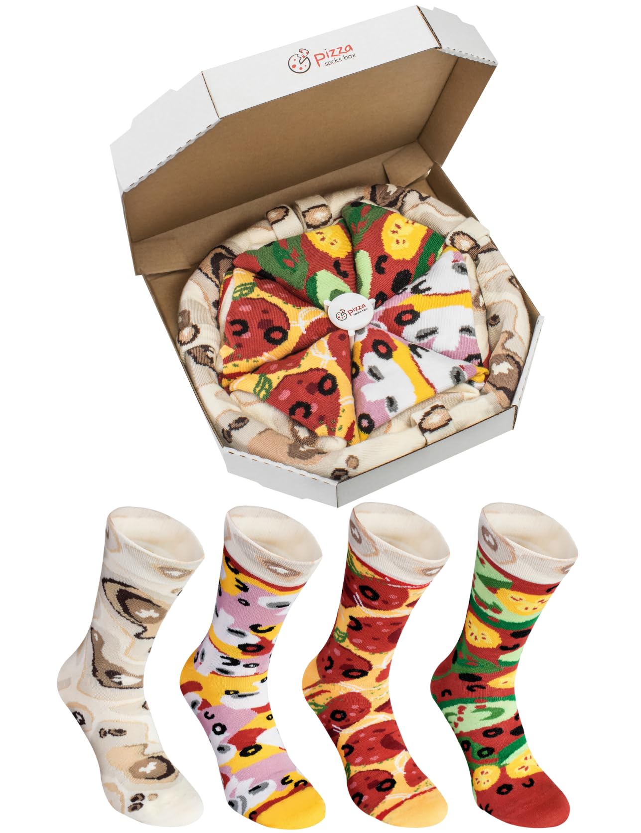 Rainbow Socks Men's Multicoloured - Man Woman Pizza Socks Box Mix Capriciosa Pepperoni Wegetarian - 4 Pairs - Size 7,5-11