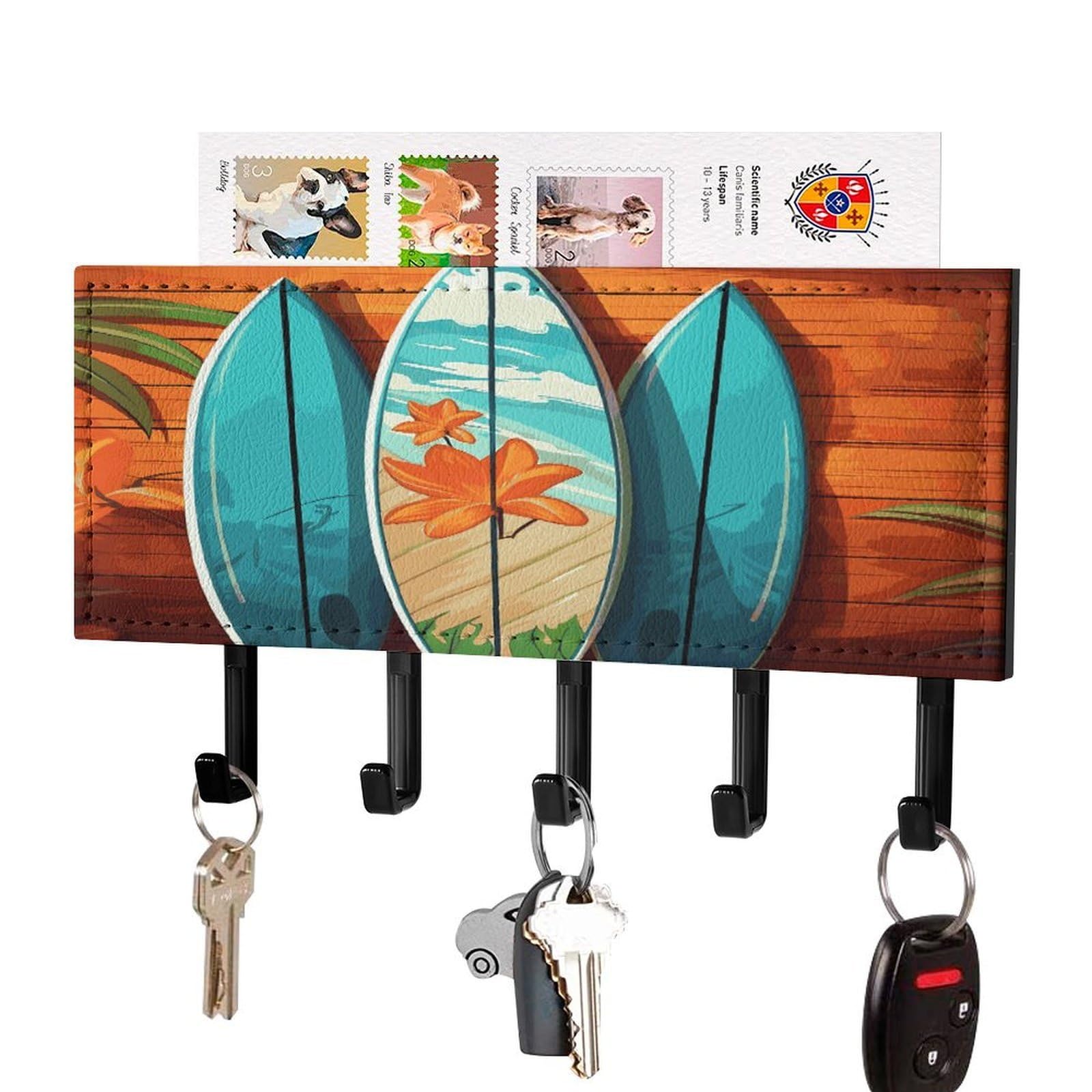LDGSUPH Surfboard on Wooden Key Holder Wall Mount Key Hanger with 5 Hooks Fashion Key Organizer Rack Hanging Key Hooks with Mail Organizer Key Rack for Home Entryway Hallway Black-Style