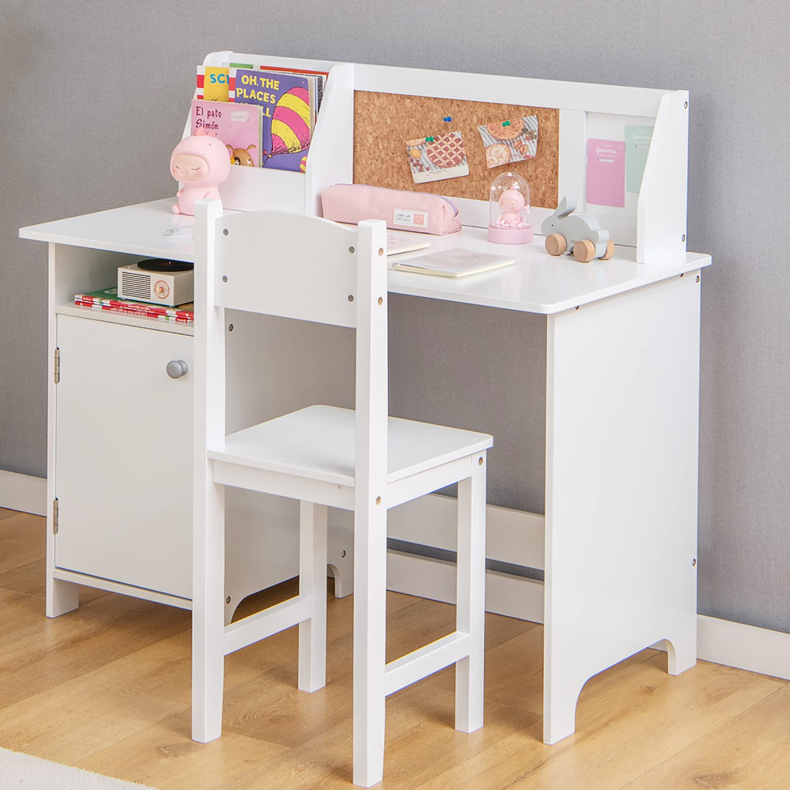 LIFEZEAL Bureau Enfant avec Chaise en Bois, Table d'Etude 90x45x86cm 90kg, Chaise 50kg, Blanc