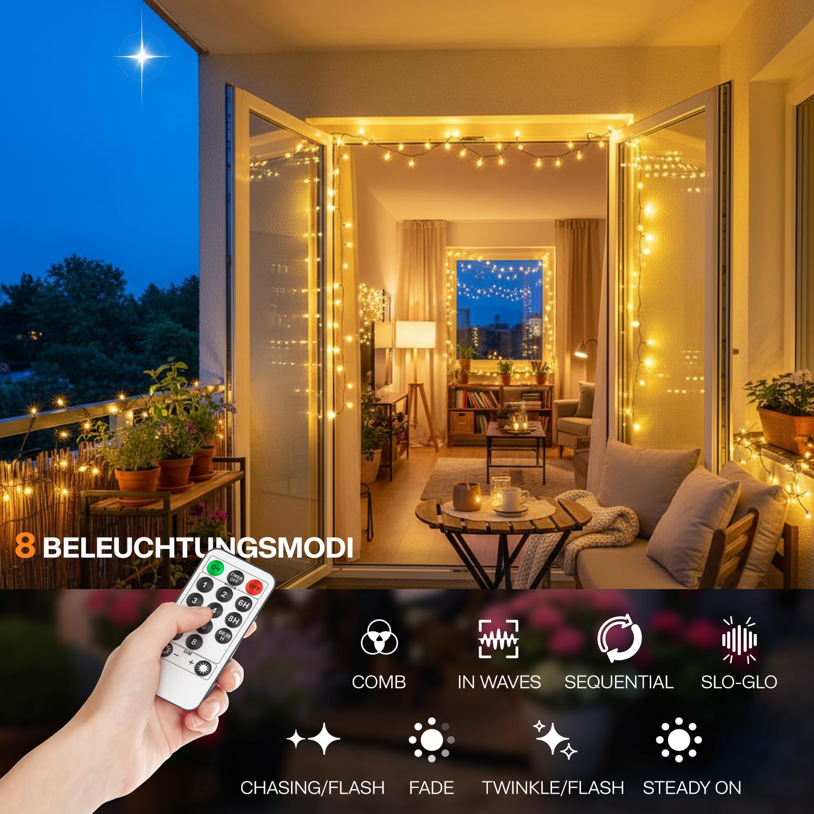 LED Lichterkette Außen 25m mit 200 Warmweißen LEDs, Strombetriebene Lichterkette für Innen & Außen, IP44 Spritzwassergeschützt mit Fernbedienung und Timer, 8 Leuchtmodi für Balkon Deko, Gartendeko
