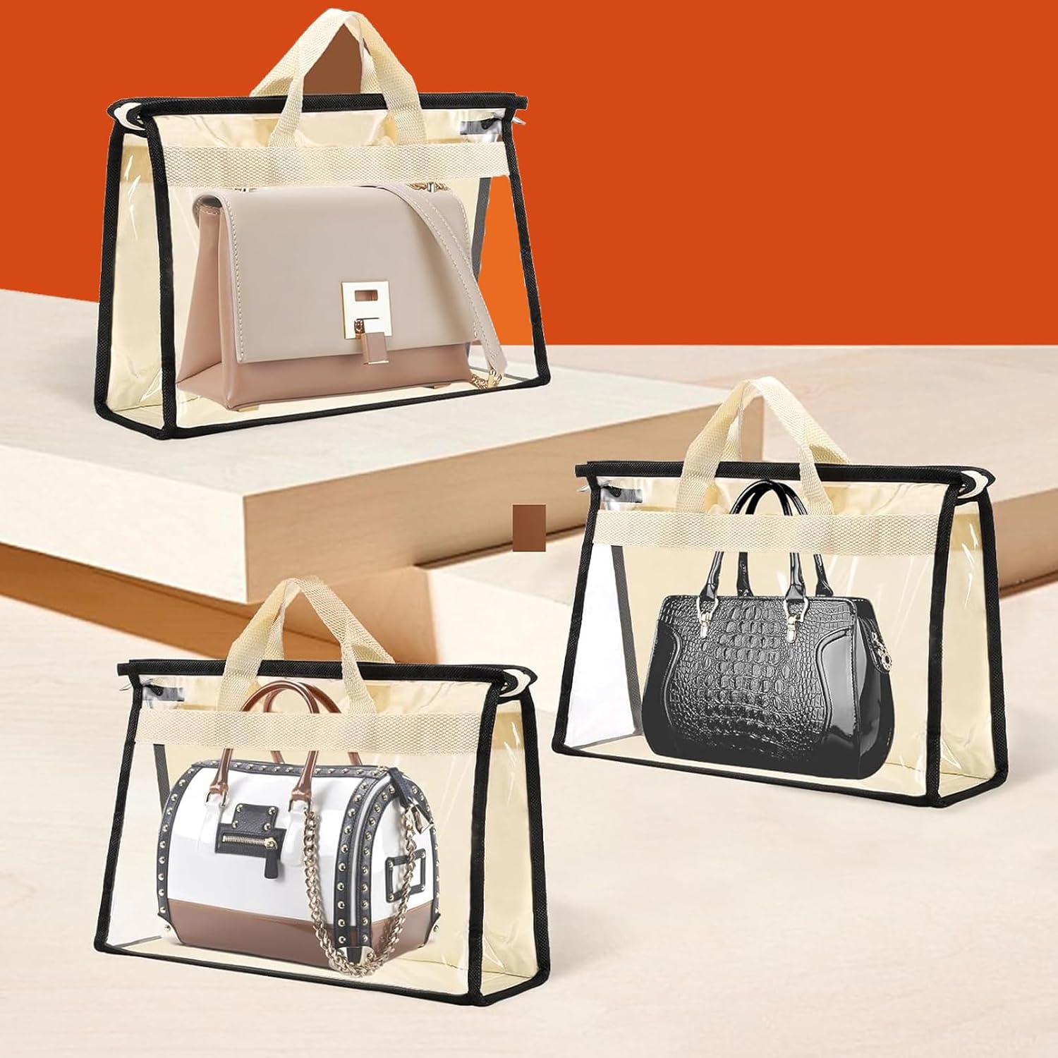 Jeffbaubl 6 Pack Dust Bags for Handbags, Clear Handbag Storage Organizer, Purse Storage Bag with Zipper and Handle, Non-Woven Hanging Dust Cover Bag for Closets(M, Beige)