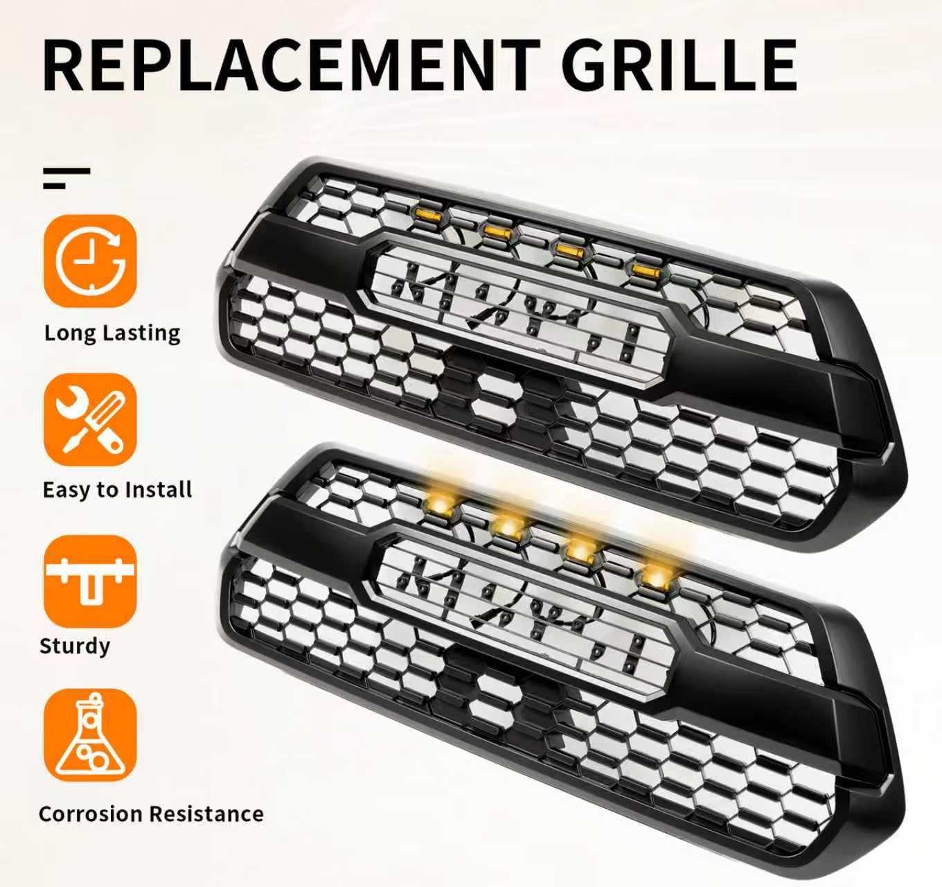 Front Grill Compatible With Toyota Tacoma SR SR5 TRD 2016-2023 Matte Black Front Bumper Grille With Accessories/Letters/Amber Light Up
