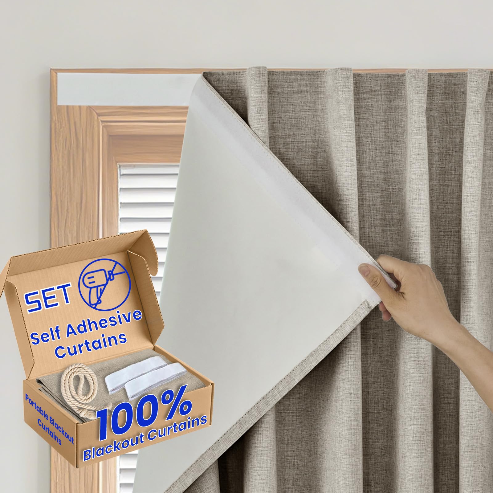 100% Blackout Self Adhesive Portable Curtains for Bedroom Easy to Install Window Thermal Lnsulated Kitchen Room Darkening Small Window Curtains, W34 x L80 inch, 1 Panel, Light Brown