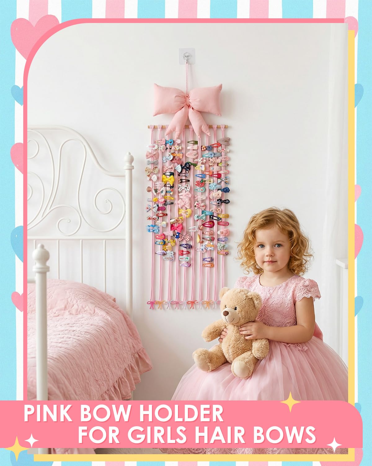HAYVAN Bow Holder for Girls Hair Bows - 31.5"x11" Pink Bow & Hair Clip Organizer with Hanging Hook & Gift Card, Baby Bow Organizer and Nursery Room Decor