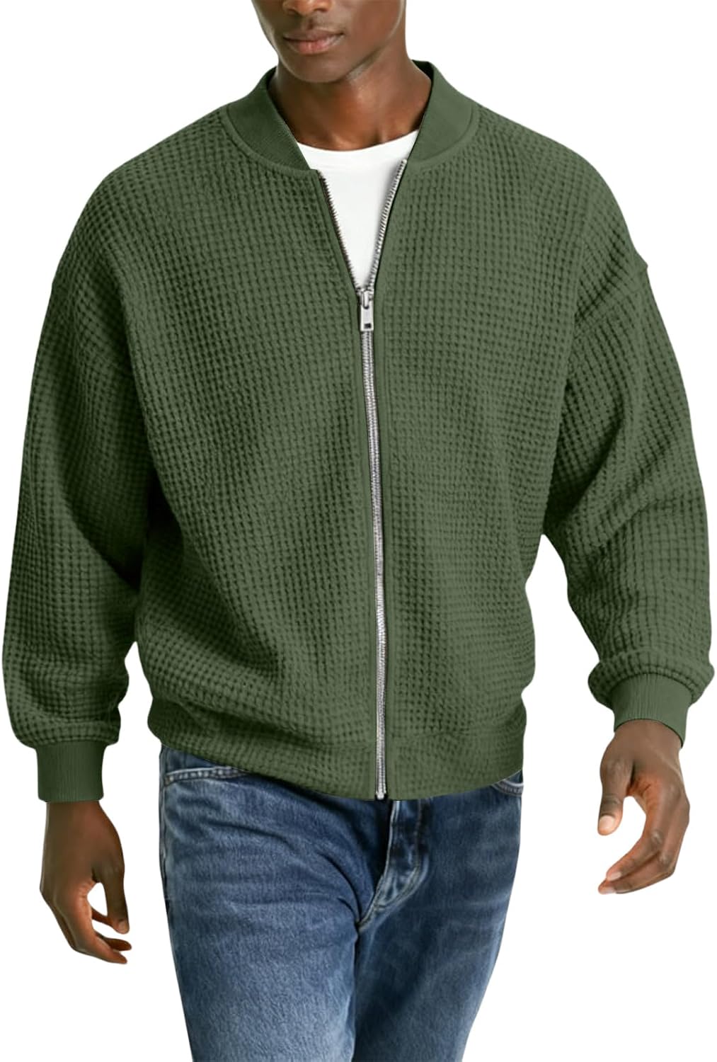 Mens Waffle Knit Bomber Jacket Full Zip Up Long Sleeve Casual Lightweight Tops