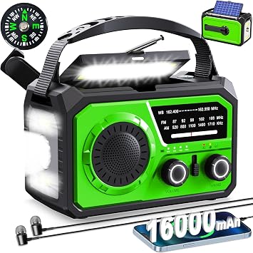 16000mAh Hand Crank Emergency Weather Radio with Wireless Speaker, 59200mWh NOAA AM FM Solar Radio with Flashlight Cell Phone Charger Reading Lamp Compass SOS for Camping and Survival Green