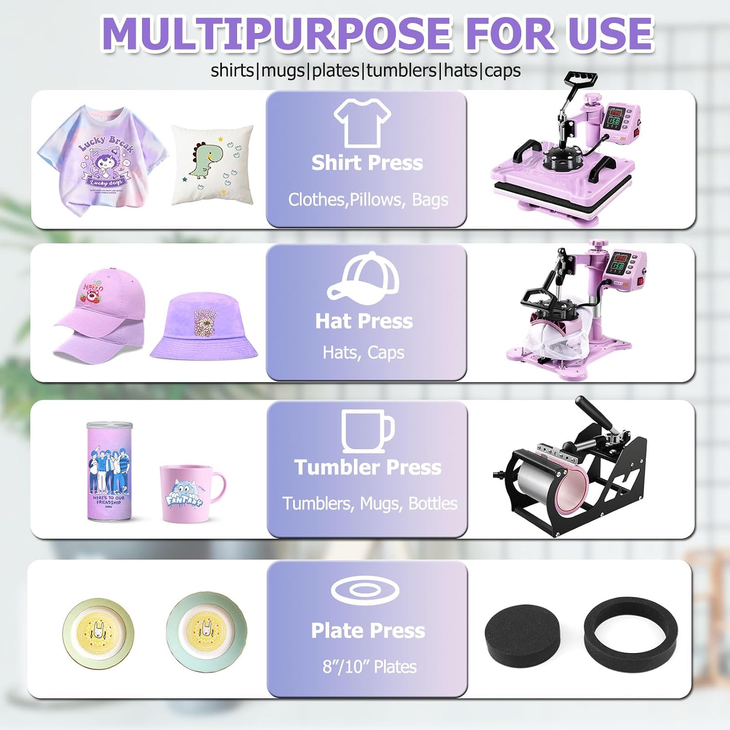 AKEYDIY 𝗡𝗲𝘄 5 in 1 Heat Press Machine for Tshirts 12"X15", 360° Swing Away Shirt Press Machine for Sublimation, Multifunctional Heat Transfer Machine for Shirts Hat Cap Mug Plate, Pink Purple