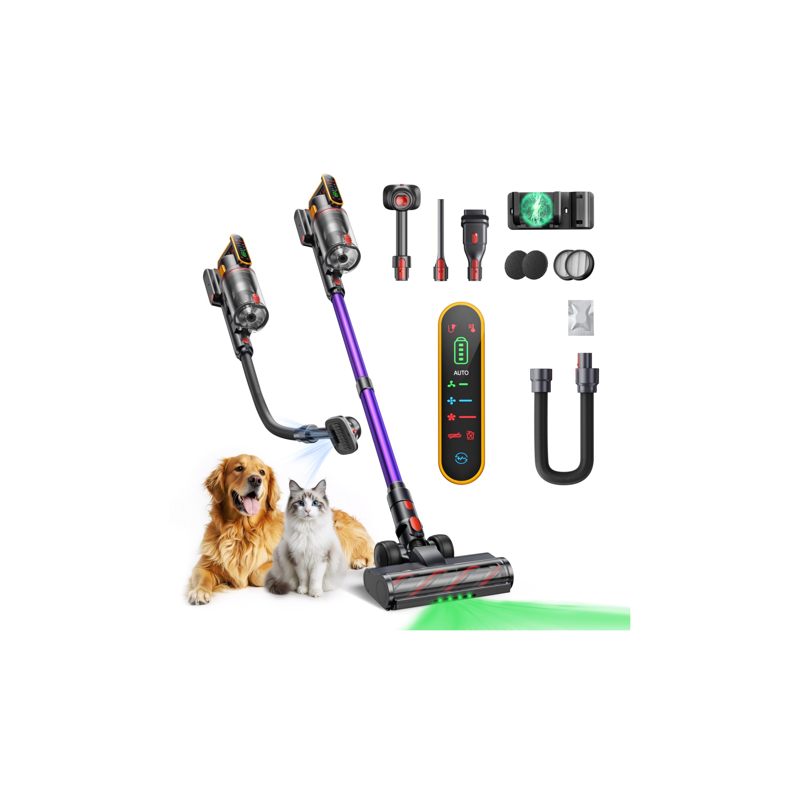 Fieety Akku Staubsauger 650W/50KPa/70Min, Staubsauger Kabellos mit Tierpflegebürste, 1,5M Schlauch, Automatikmodus, Duftfunktion, LED Display, für Tierhaare, Teppiche, Hartböden & Auto
