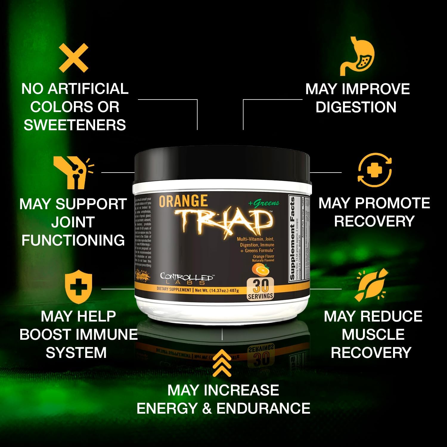 CONTROLLED LABS Orange Triad Plus Greens for Men and Women, 30 Servings Iron Free Sports Supplement for Overall Health, Multivitamin, Digestion, Immune System, and Joint Health