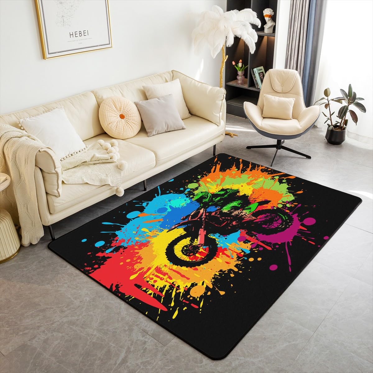 Erosebridal Motocross Rugs for Boys Girls, Motorcycle Racer Area Rug 5x6'6'', Extreme Sport Tie Dye Dirt Bike Motor Vehicles Biker Carpet for Bedside