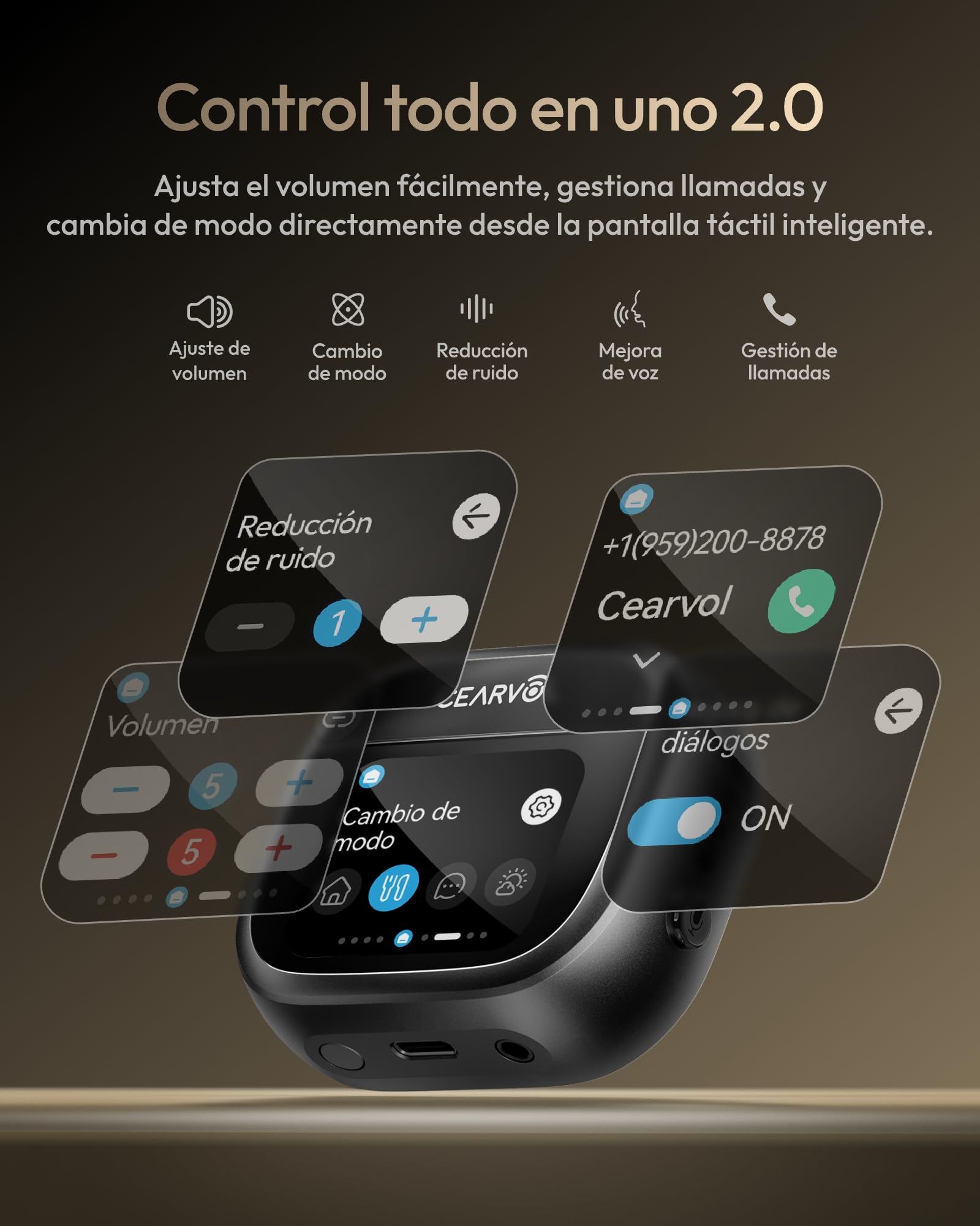 Wave Amplificador de Sonido, Estuche con Pantalla Táctil, NeuroFlow AI 2.0, Conexión Bluetooth Dual, Transmisor Directo para TV con Entrada AUX (Negro)