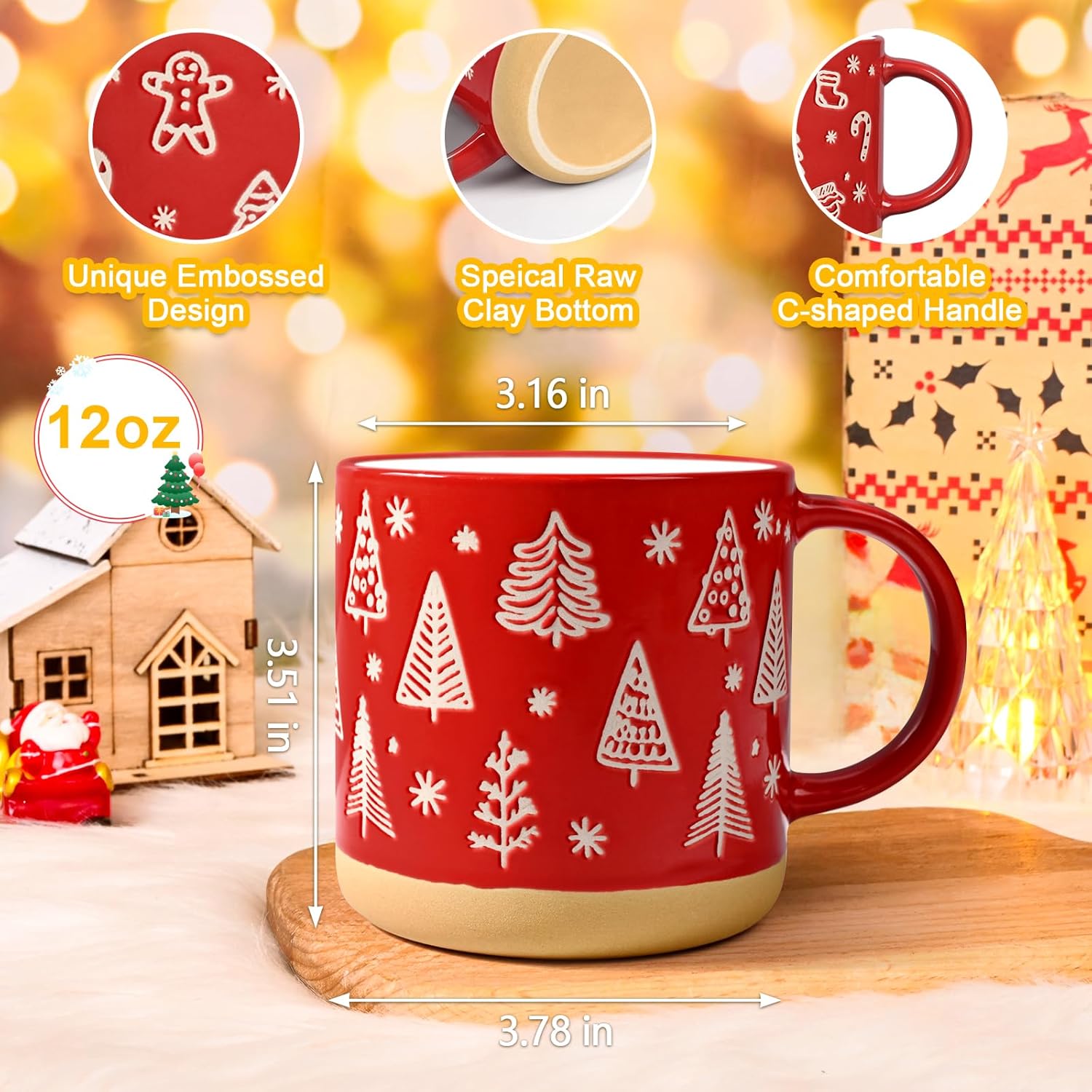 Maustic Christmas Mugs Set of 4, Christmas Coffee Mugs, Holiday Mug with Festive Design, Ceramic Mug for Hot Cocoa, Hot Chocolate, Coffee, Tea, Family Gifts, 12 Oz, Microwave & Dishwasher Safe