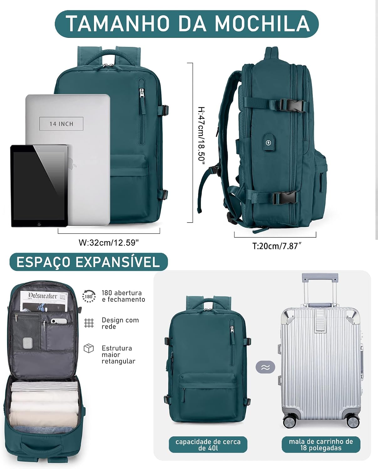 Mochila Executiva de Viagem Grande 40L Impermeável com Porta USB, Mochila Compartimento para Notebook, Mochila Feminina/Masculina Reforçada para Trabalho e viagem – VANOVA
