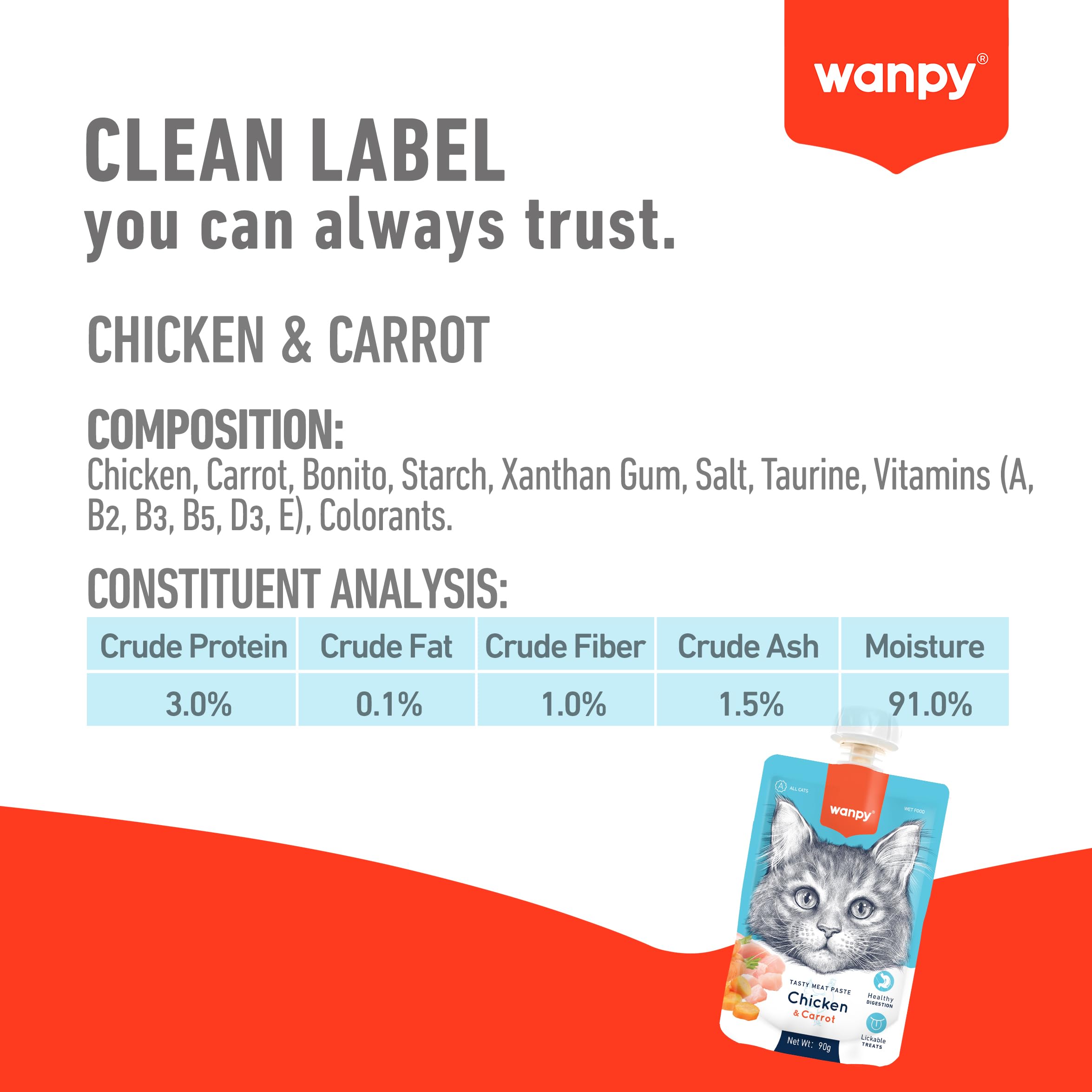 WANPY Premium Lickable Creamy Meat Paste Cat Treats with Chicken & Carrot Flavours, 90 Gm, (Pack of 4),All Life Stages 3
