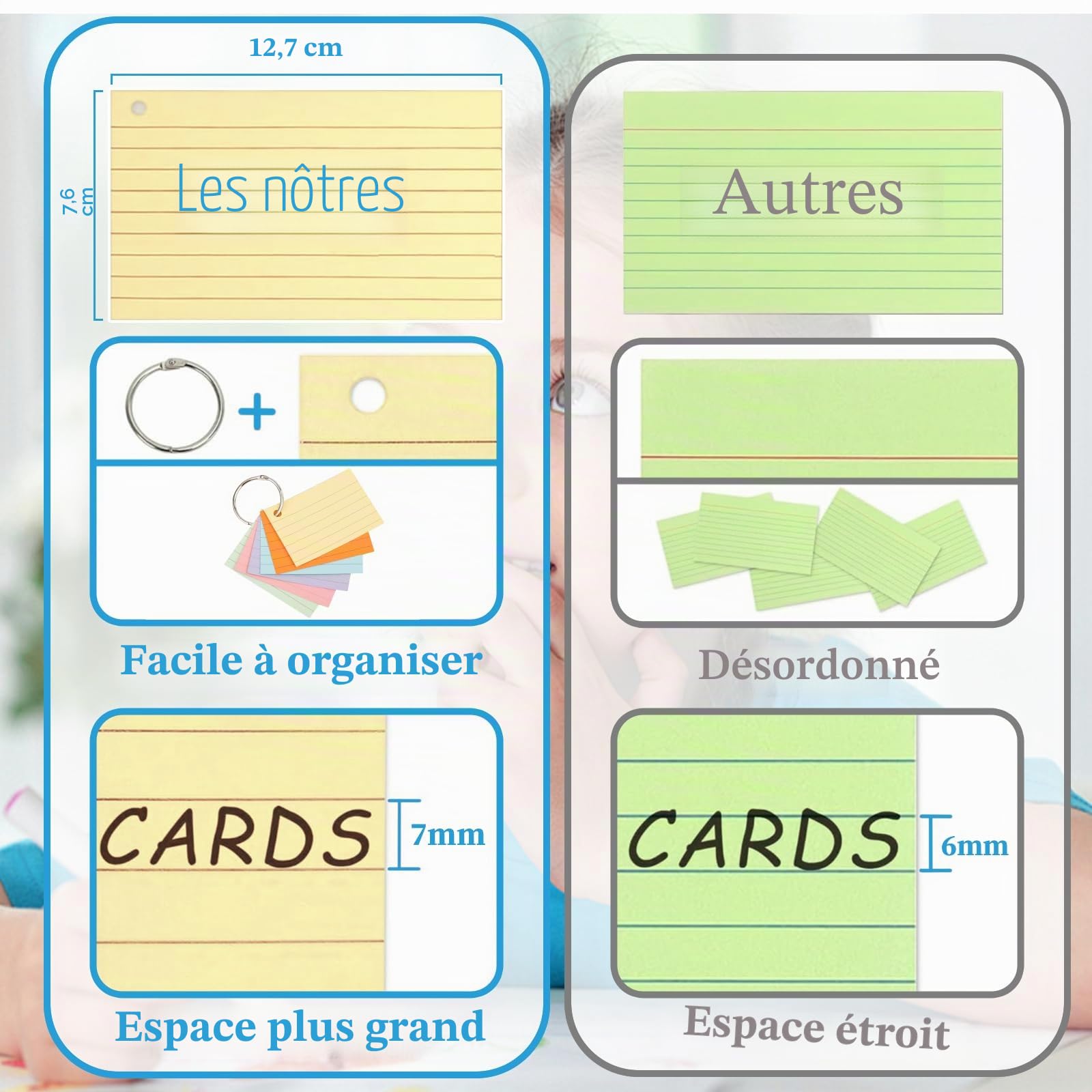 A8 Flashcard 600Pcs Lignées Flashcards avec Anneau Cartes de Vocabulaire pour Apprentissage