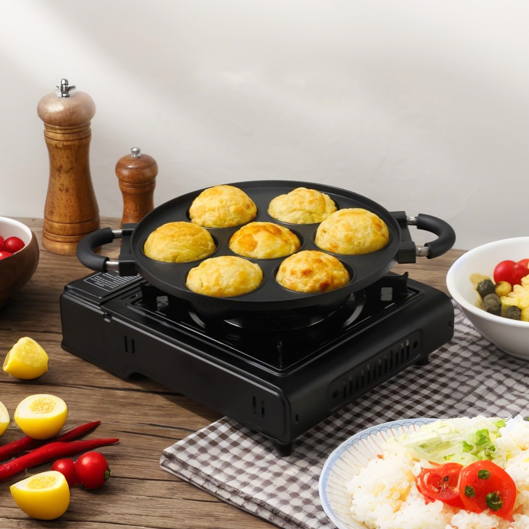 Gusseisen Aebleskiver Pan 7-Loch Takoyaki Pfanne Aluminiumlegierung Anti-Scald
