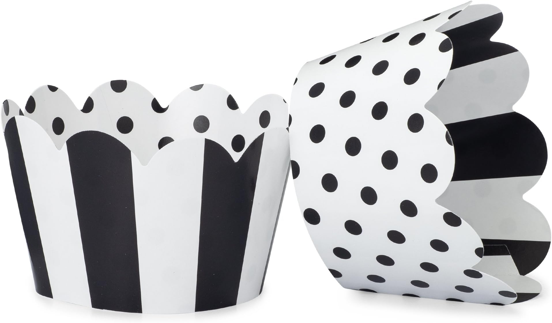 Black and White Cupcake Wrappers for Weddings, Graduations, Kids and Adult Birthday Parties, Baby Showers. Set of 24 Reversible Cup Cake Holder Wraps with Polka Dots and Stripes. Black, White[Amazon-developed Certification] Compact by Design