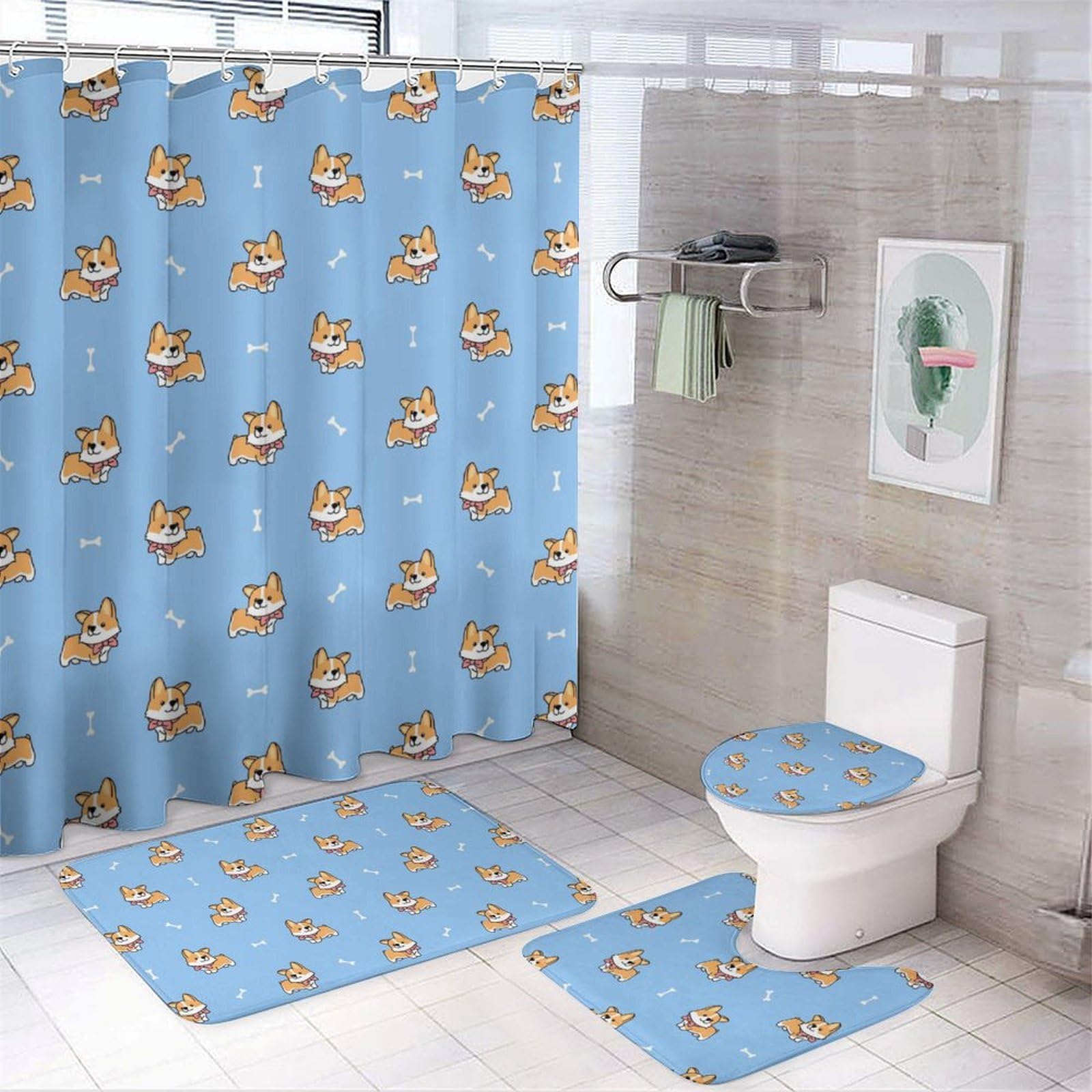 JZemdybill Bathroom Mat Set 4 Piece, Cute Welsh Corgi Dog Shower Curtain with Non-Slip Bath Mats for Bathroom
