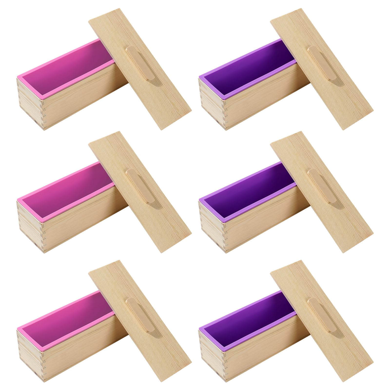 Moldes de jabón de silicona para hacer sopas, kit de fabricación de pan de jabón de gran capacidad de 42 onzas con caja de jabón de madera y tapa para jabón casero, 6 paquetes de suministros