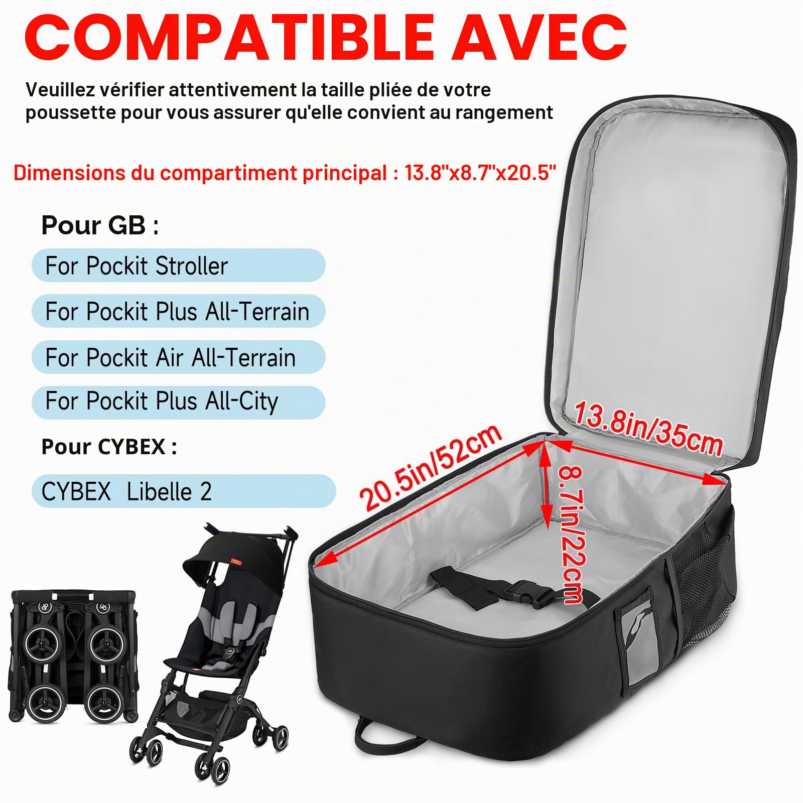 Sac de voyage pour poussette, sac à dos rembourré compatible avec les poussettes Gb Pockit/GB Pockit + All City/GB Pockit Air All Terrain/Cybex Libelle 2, sac de rangement d'accessoires de poussette
