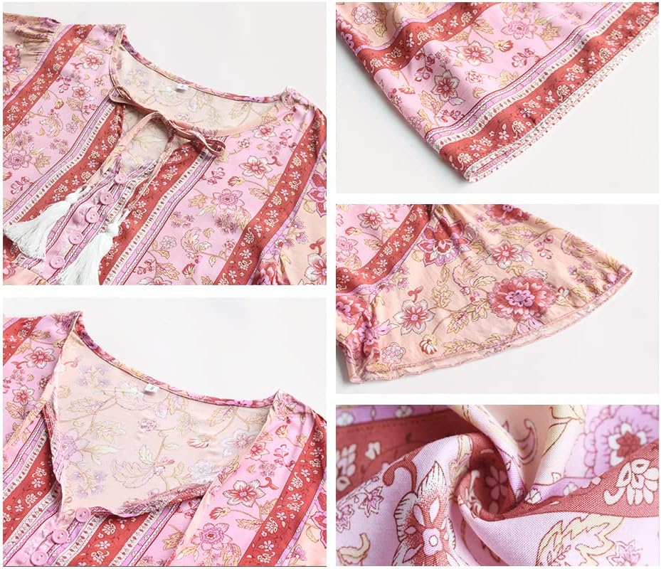 KAYWIDE Women's Floral Print V Neck Ruffle Short Sleeve Summer Shirts Tops Casual Loose Boho Blouses - Image 4