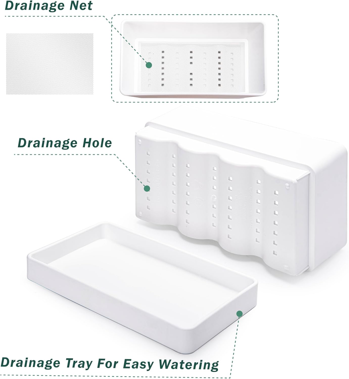 D'vine Dev 12" x 6.5" Window Box Planter, Rectangular Plastic Herb Planter with Drainage Holes & Saucer, Succulent, Cactus & Vegetable Pot for Windowsills/Balconies, White, Set of 2, 76-P-A-2