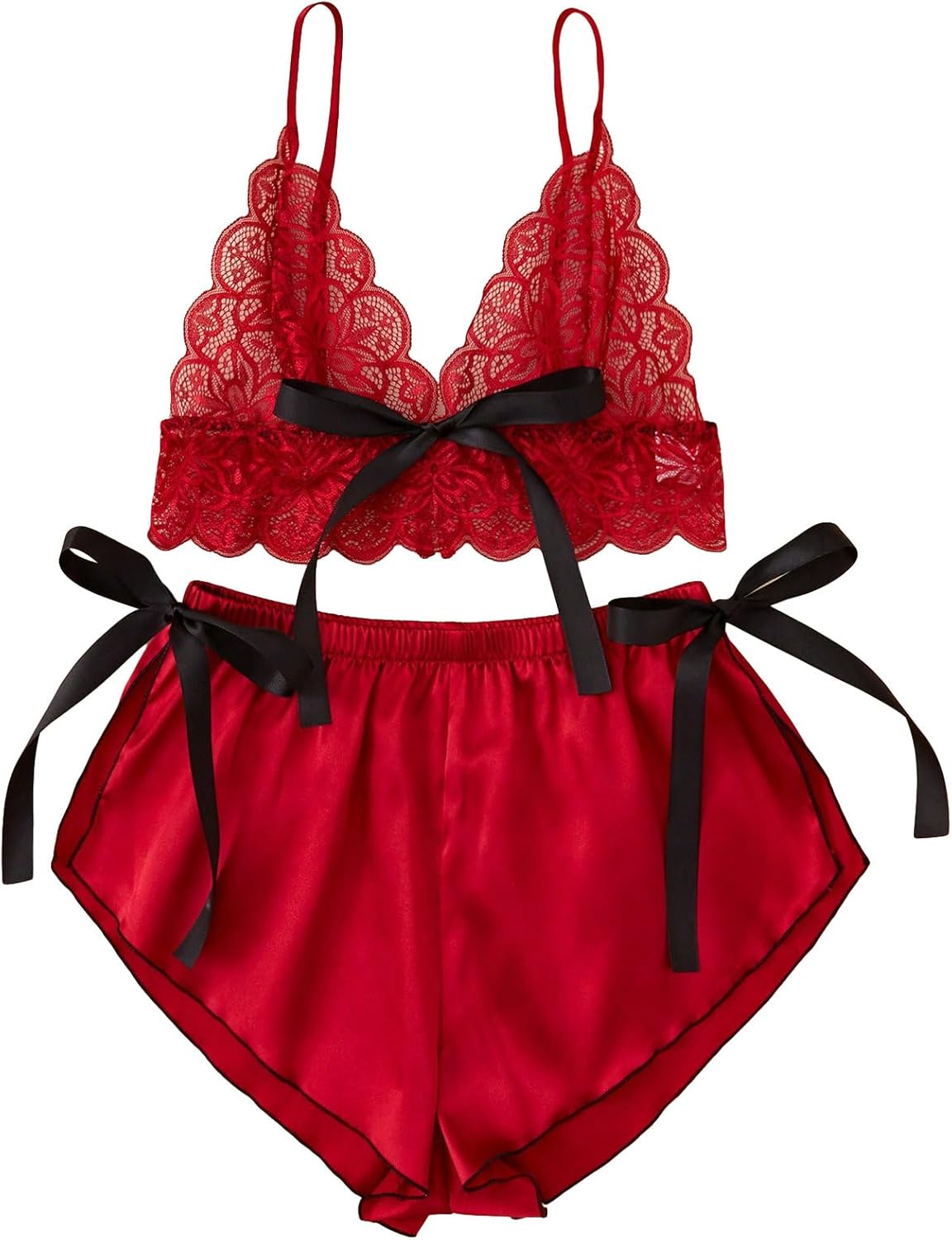 OYOANGLE Women's 2 Piece Pajama Sets Contrast Lace Bow