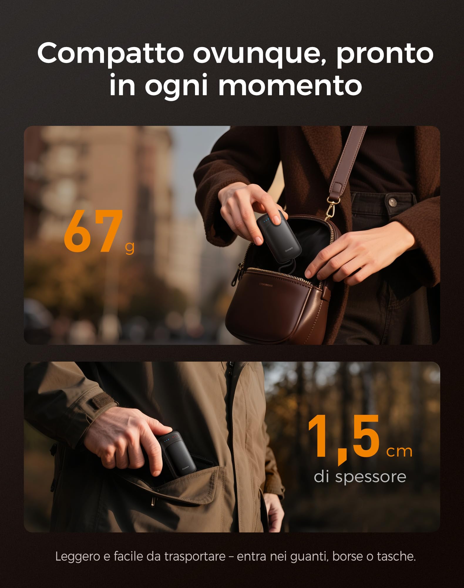 OCOOPA Scaldamani Elettrico a Doppia Faccia, Riscaldamento Istantaneo 2s, Autonomia 8h, 67g Leggero, Ricaricabile, Scaldamani Tascabile per Campeggio, Caccia, Pendolarismo, Regalo Uomo, UT5 DuoHeat