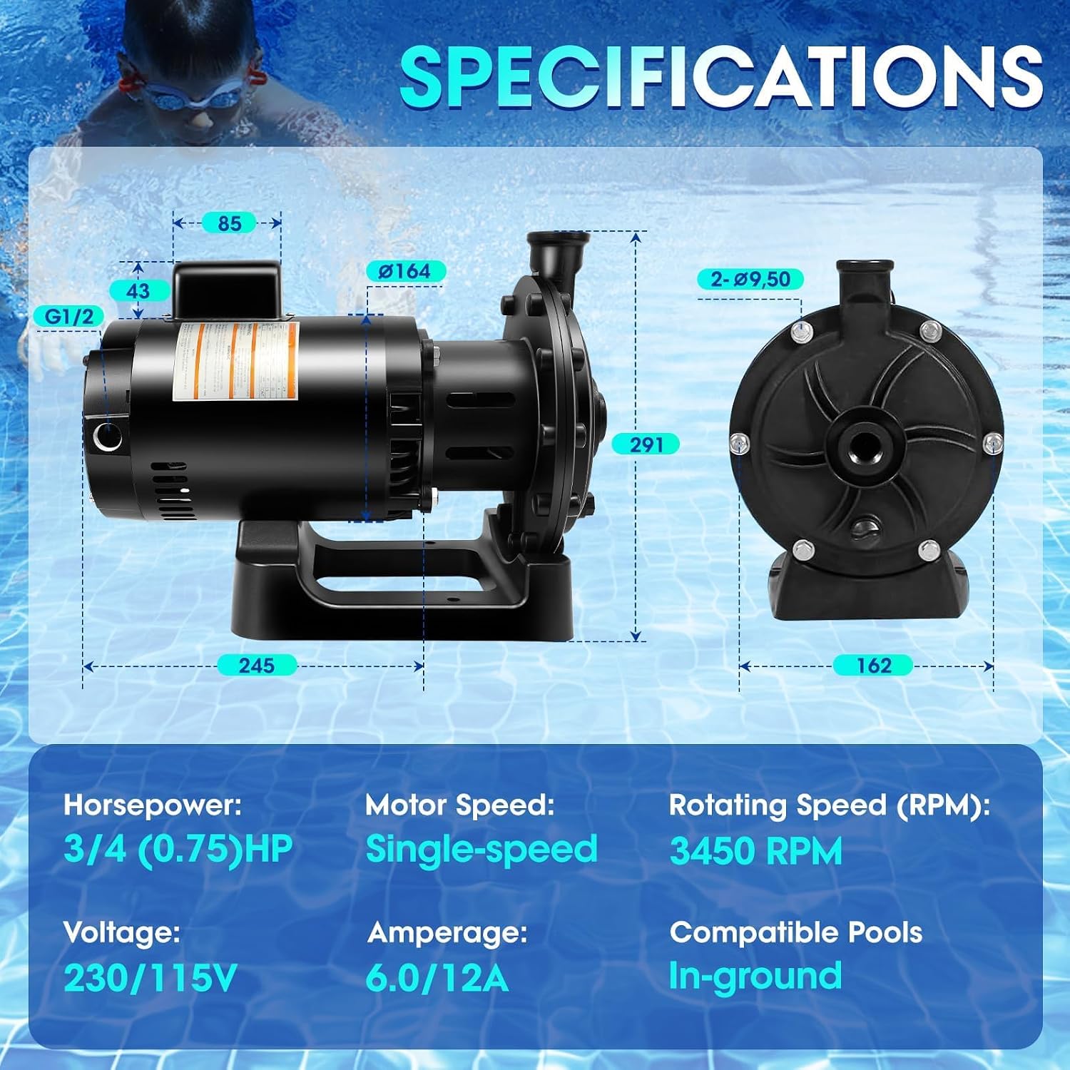 PB4-60 Booster Pump, 3/4 HP Pool Cleaner Booster Pump Replacement for Polaris PB4-60, Compatible with Polaris 180 280 380 480 Pool Cleaners, 115V/230V Dual Voltage, 60Hz
