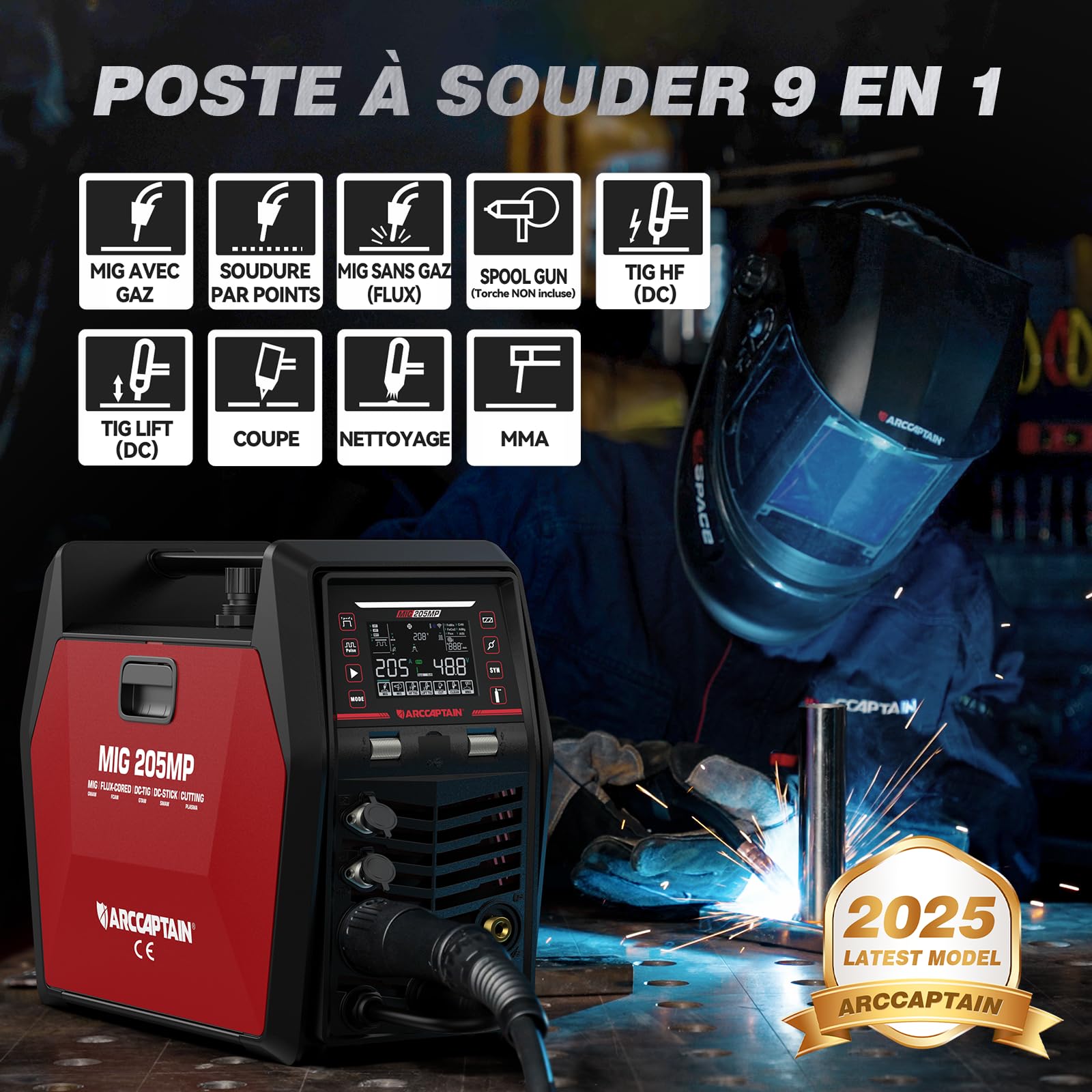ARCCAPTAIN MIG205MP Soudeuse 9‑en‑1 avec contrôle App iControl/Plasmasoudage/MIG pulsé/Flux Core/Spool Gun/DC HF/Lift TIG/Clean/MMA pour aluminium 230 V multi‑processus