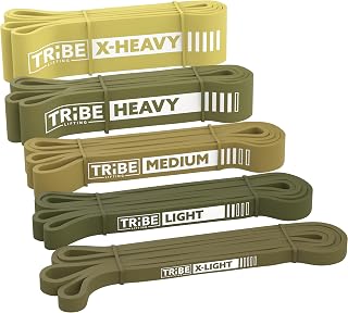 Tribe Lifting Set of 5 Resistance Bands - Durable Pull Up Assist Bands with Handles, Door Anchor for Strength Training Home Gym