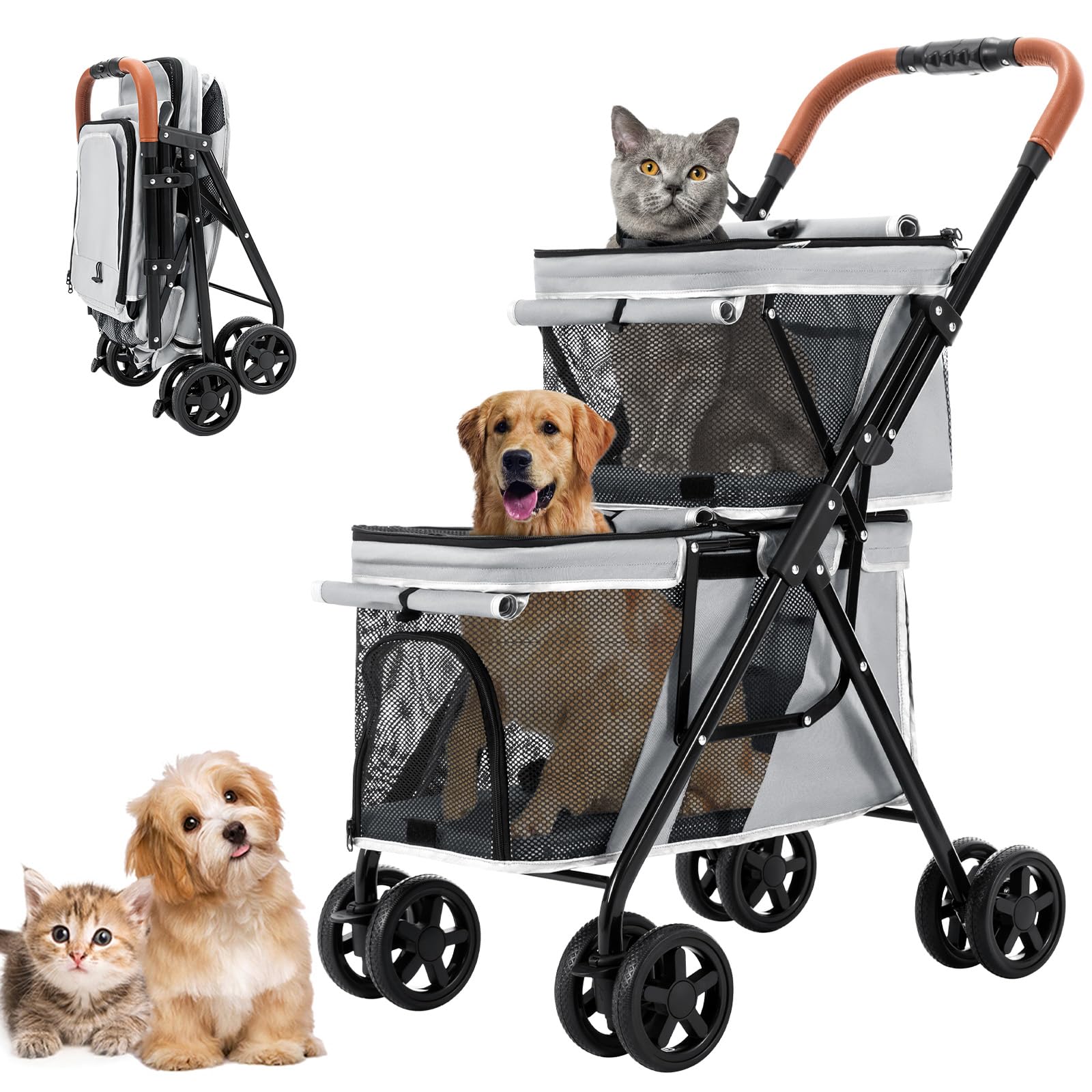 Hundebuggy Faltbar, Hundewagen Haustier Kinderwagen Hundebox Klappbar, Haustiere Buggy Geeignet für kleine Hunde und Katzen unter 20 kg (Grau)