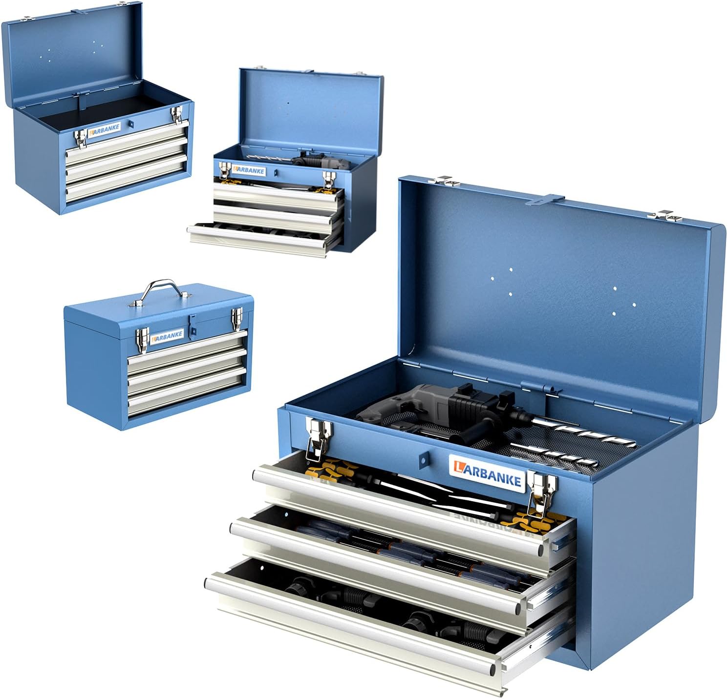 LARBANKE Metal Tool Box,3 Drawer Tool Box with Top Storage Tray, Portable Tool Chest with Locking System and Drawer Liner, Hand Carrying Tool Chest for Garage,Home or Workbench