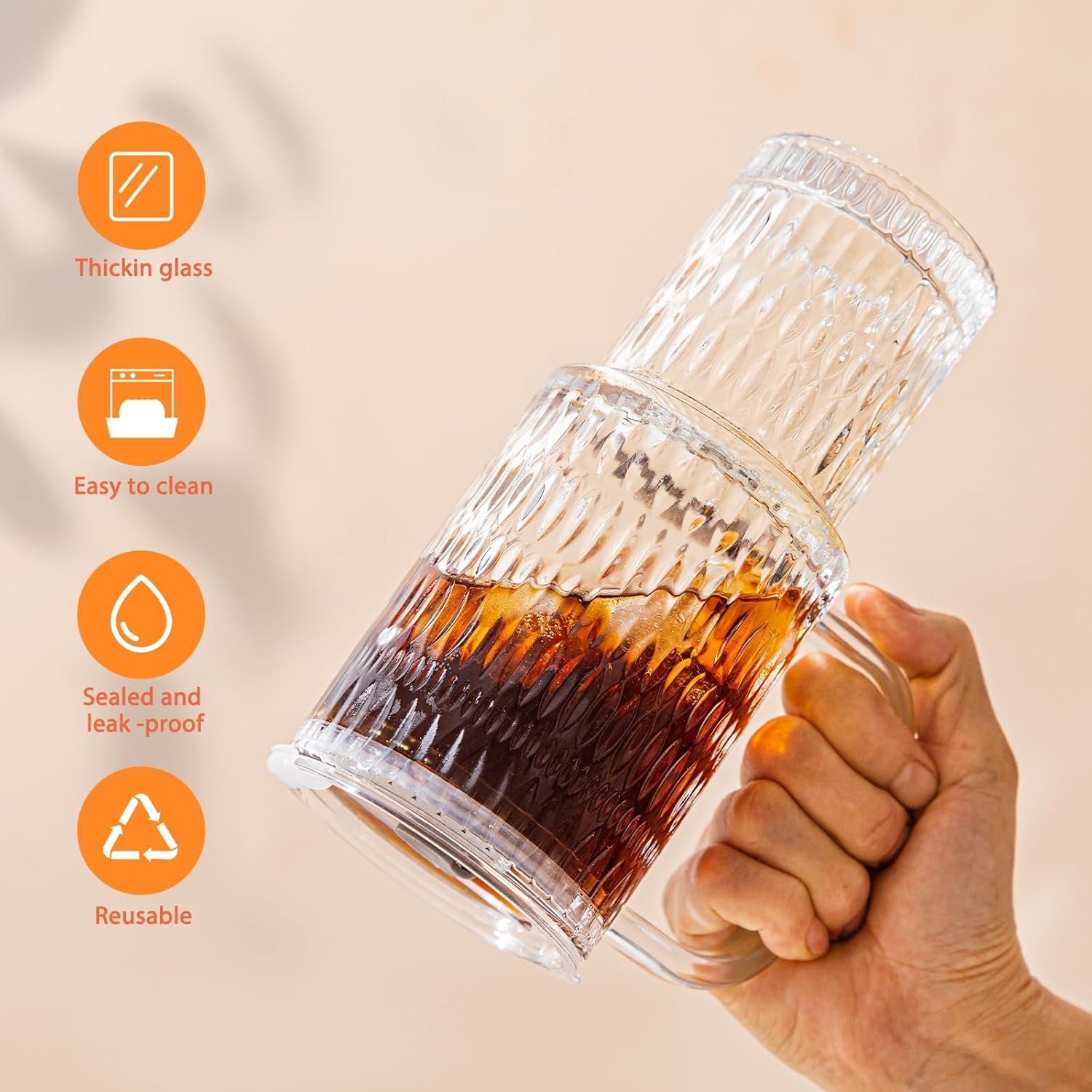 26oz Raindrop Glass Tumbler with Handle - Set of 2, Reusable Iced Coffee Cup, Glass Cup with Lid and Straw for Smoothies, Juice, Coffee, Tea, Milk & More - Image 5