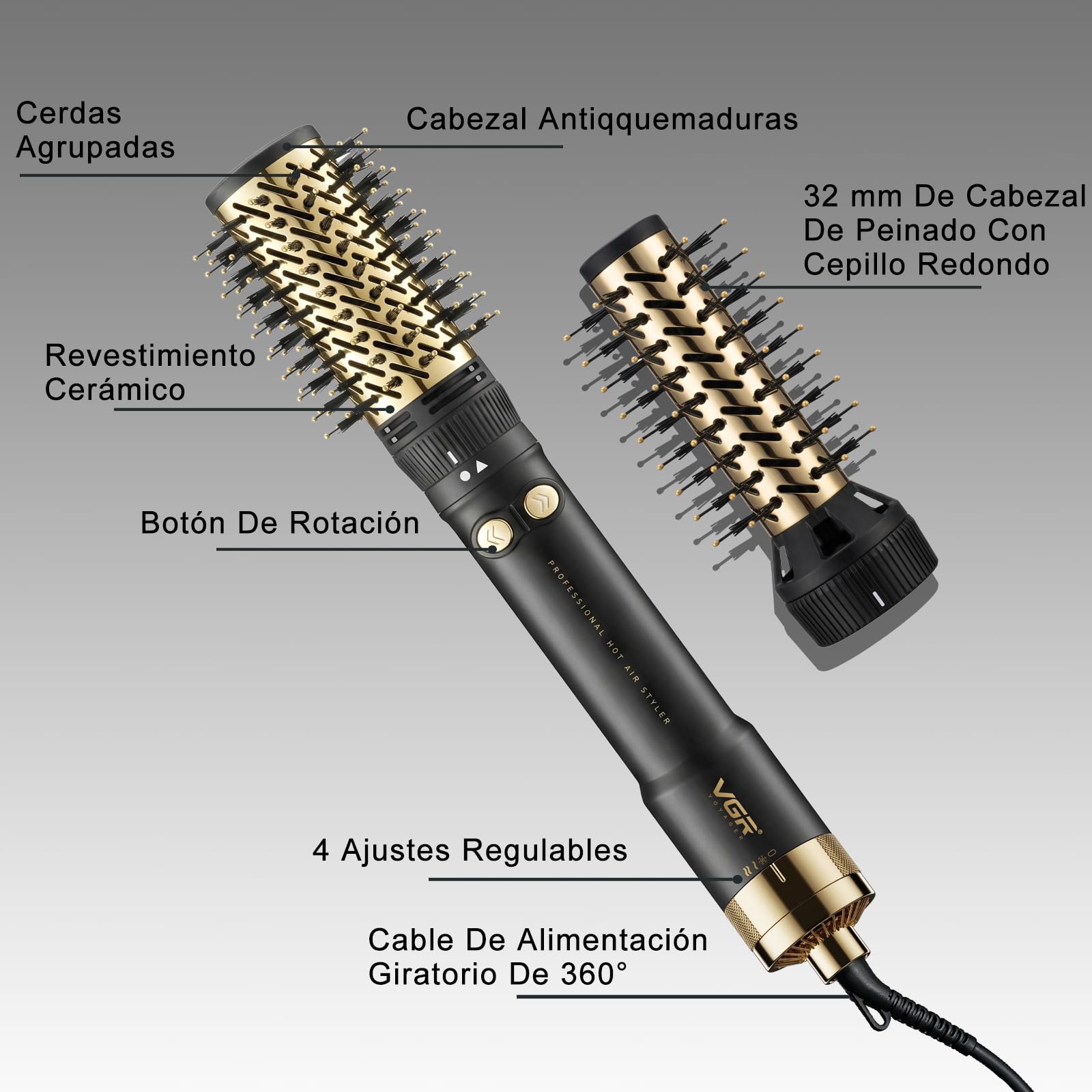 VGR 480 cepillo secador de pelo 2 en 1, 1200 W, Cepillos 32/50 mm, Negro | Cable giratorio de 360°, manejo cómodo, ayuda a alisar, moldear y aportar volumen al cabello