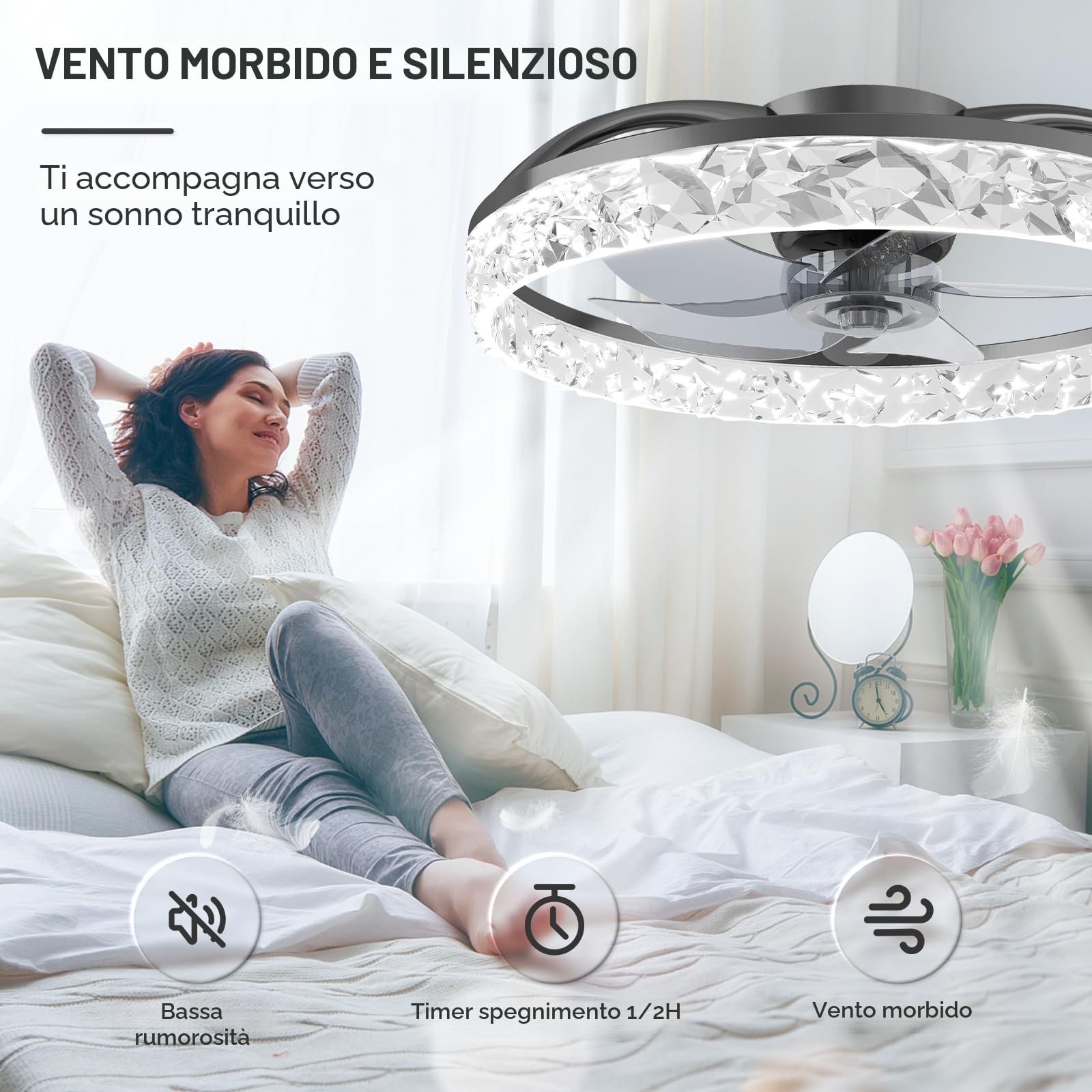 VOLISUN Ventilatore Da Soffitto Con Luce e Telecomando, 6 Velocità E Dimmabile, Lampadario Ventilatore Moderno, Ventilatore Da Soffitto LED Silenzioso Per Camera Da Letto E Soggiorno (Nero, 40CM)