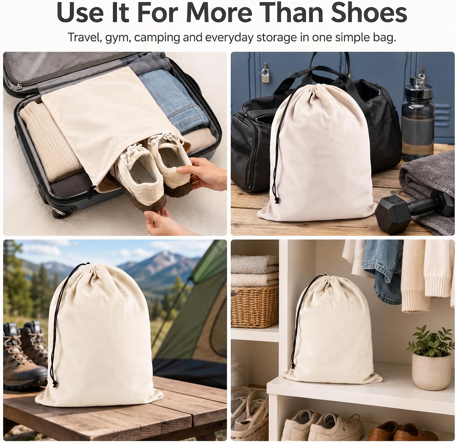 4 Pack Shoe Bags for Travel, Large Soft Flannel Drawstring Travel Shoe Bag