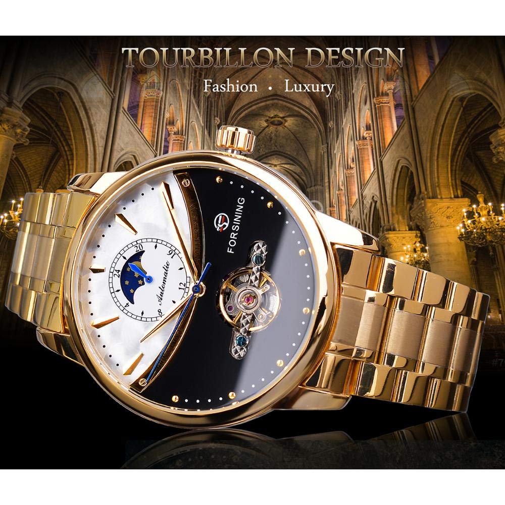 MASTOP Herren Automatik Analog Uhr Mode Skelett Tourbillon Wasserdicht Mondphase Edelstahl Mechanische Uhr