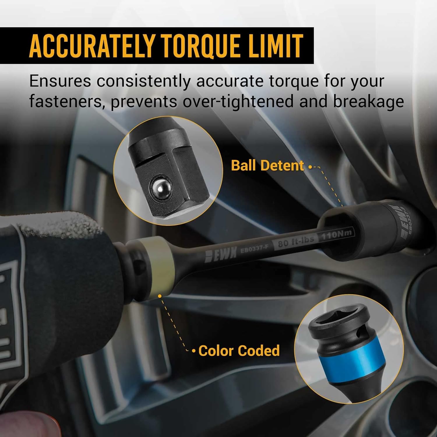 EWK 9 Pcs 1/2" Drive Thin Wall Lug Nut Flip Impact Socket & Torque Limiting Extension Stick Set, 80-150 Ft-lbs (110-200 Nm), Color-Coded