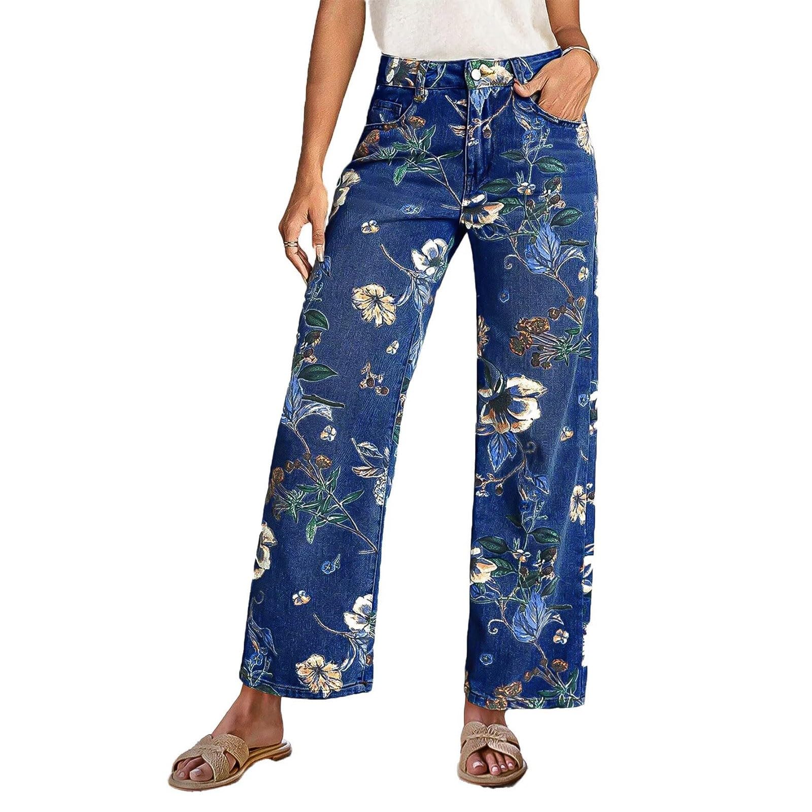 Pantalones vaqueros elásticos para mujer, pierna ancha, con estampado, cintura alta, versátiles, largos, cómodos, informales, de senderismo, tallas grandes, pantalones deportivos sueltos, ligeros con