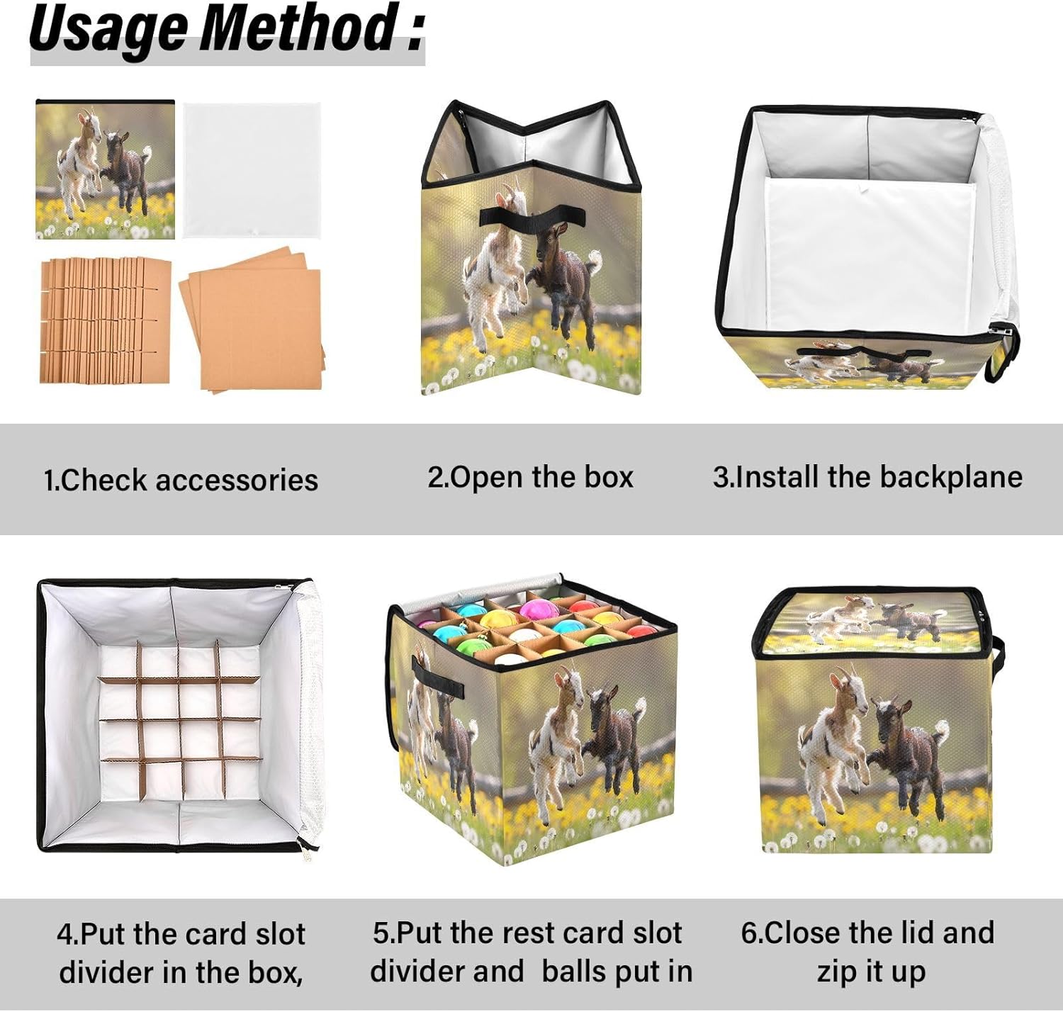 Playful Goats Pattern 13 Inch Christmas Ornament Storage Box with Lid - Holiday Decor Storage Containers, Stores 64 Ornaments, 3 Inch Cube Compartments