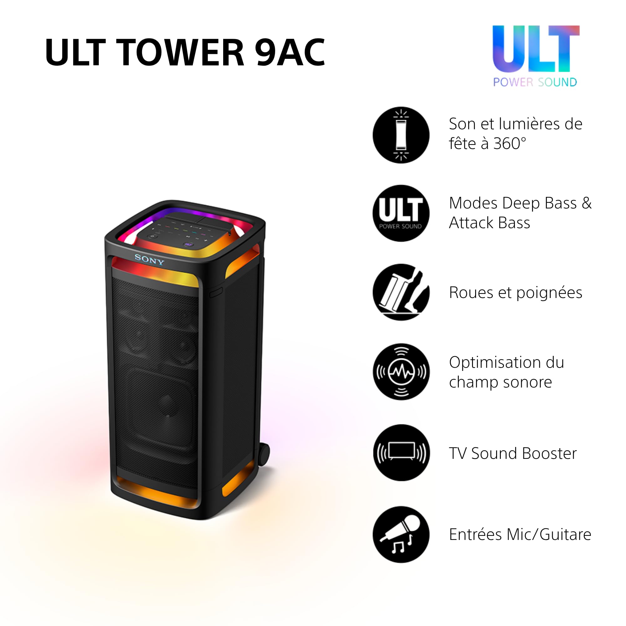 Sony ULT Tower 9AC - Enceinte Bluetooth Party Box Ultimate, Alimentation Secteur, 2 Modes ULT Power Sound, X-Balanced Speaker, 360° Lighting & Sound, entrées pour Karaoke - Noir