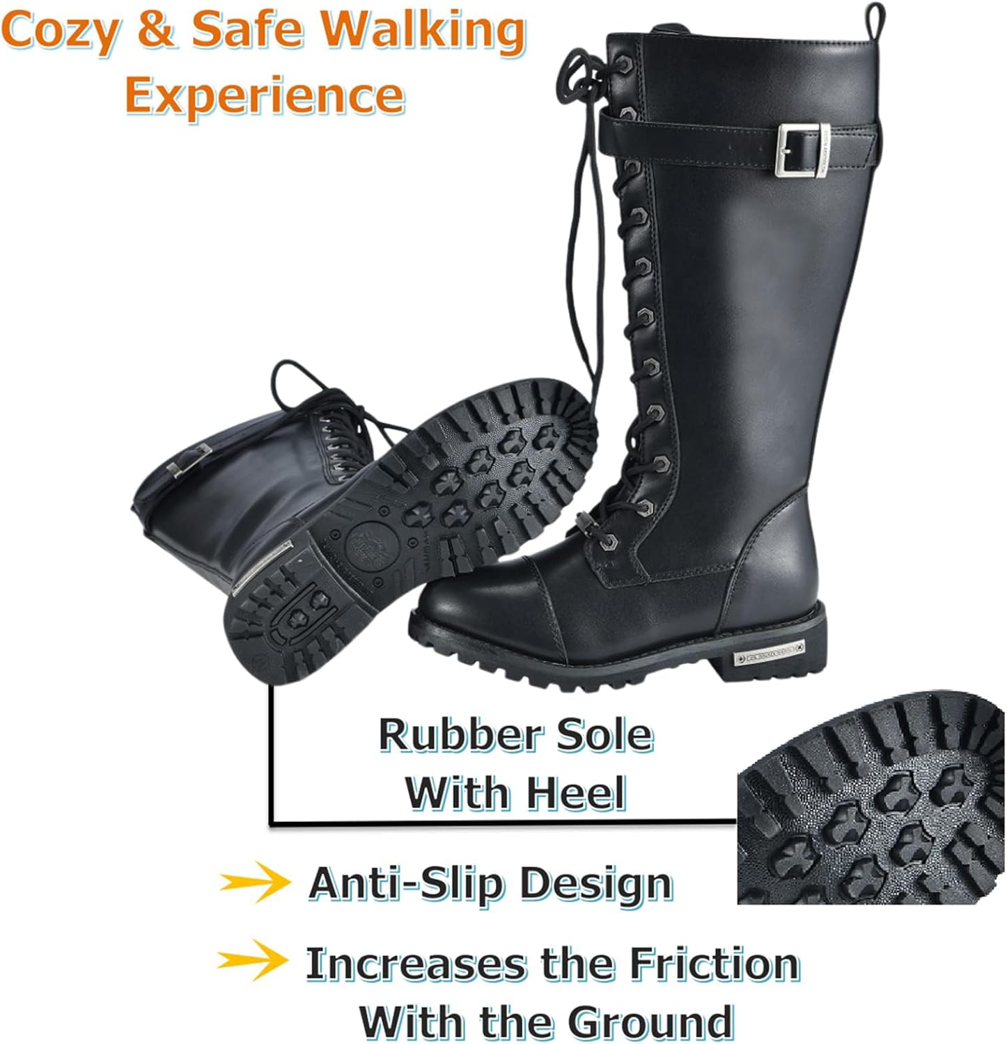 Women's Knee High Boots Black With Lace Up Design, PU Leather Motrocycle boots,Wide Calf Boots Full Side Zipper,Anti-Slip Rubber Sole,For Riding, Biker, Party, Shopping,Tall Boots With Heel