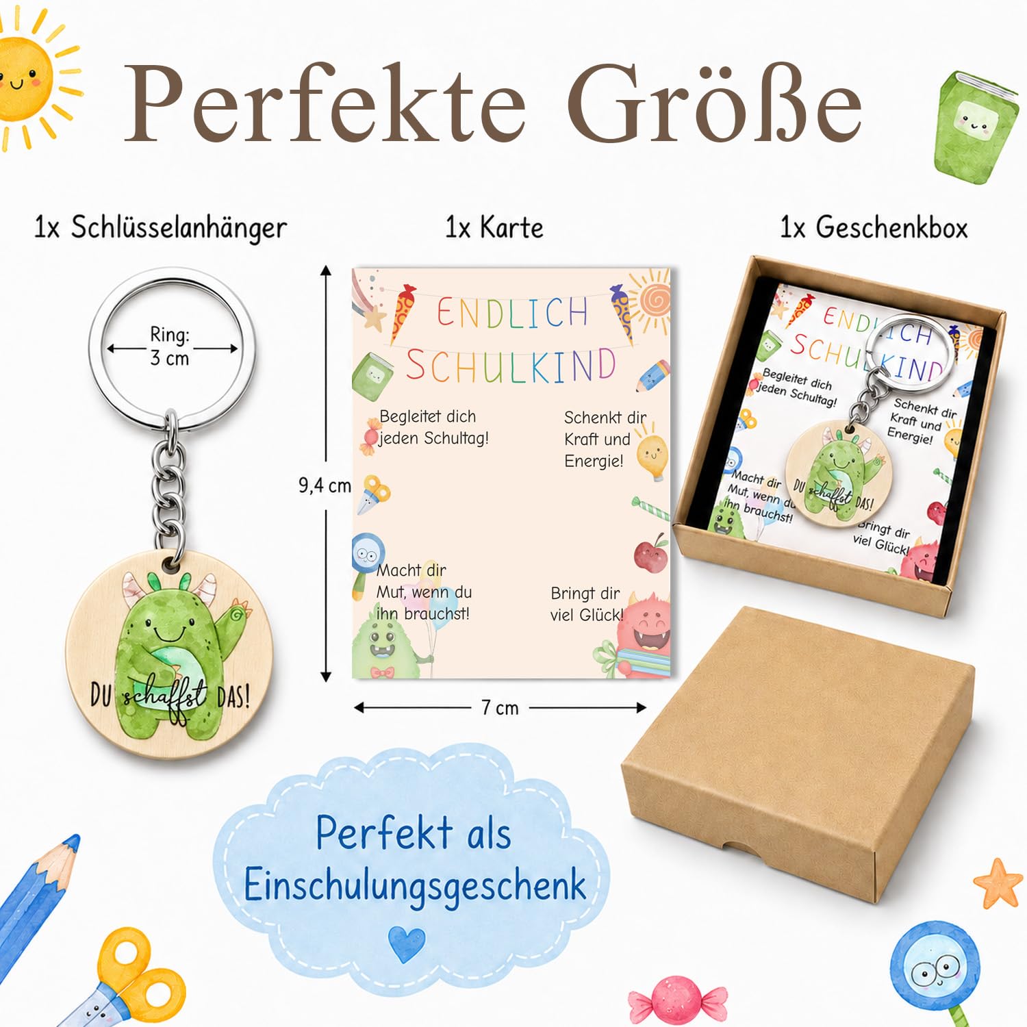 Schlüsselanhänger Einschulung, Glücksbringer Schulanfang Schutzengel Mutmacher Mutstein Schultüte Anhänger für Kinder