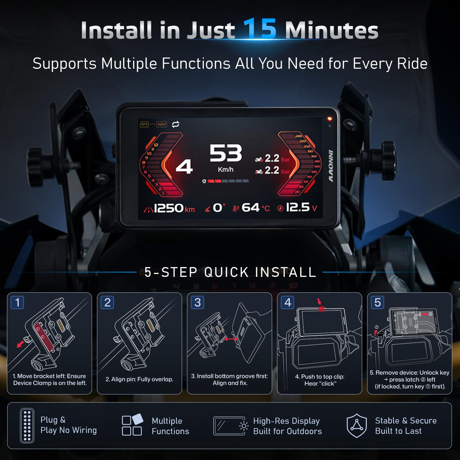 INNOVV N2 - Écran tactile pour motos BMW, CarPlay et Android Auto, avec écran de navigation GPS étanche de 6,5 pouces, lecture de données, TPMS, commandes WonderWheel
