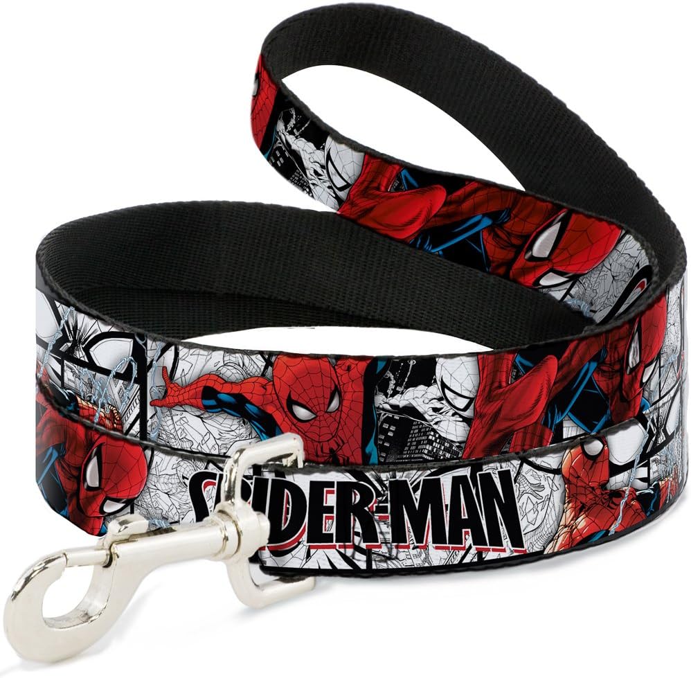 Buckle-Down Pet Leash - SPIDER-MAN Action Poses/Comic Scenes White/Black/Red - 4 Feet Long - 1.5" Wide
