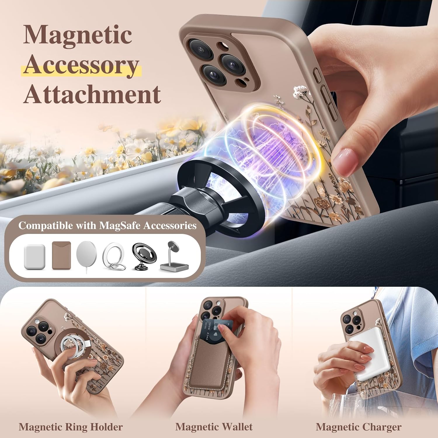 GVIEWIN for iPhone 15 Pro Case Compatible with MagSafe, [Military Grade Protection] [Screen Protector] Full Camera Protection Floral Translucent Women Magnetic Phone Case, Floratopia/Brown - Image 4
